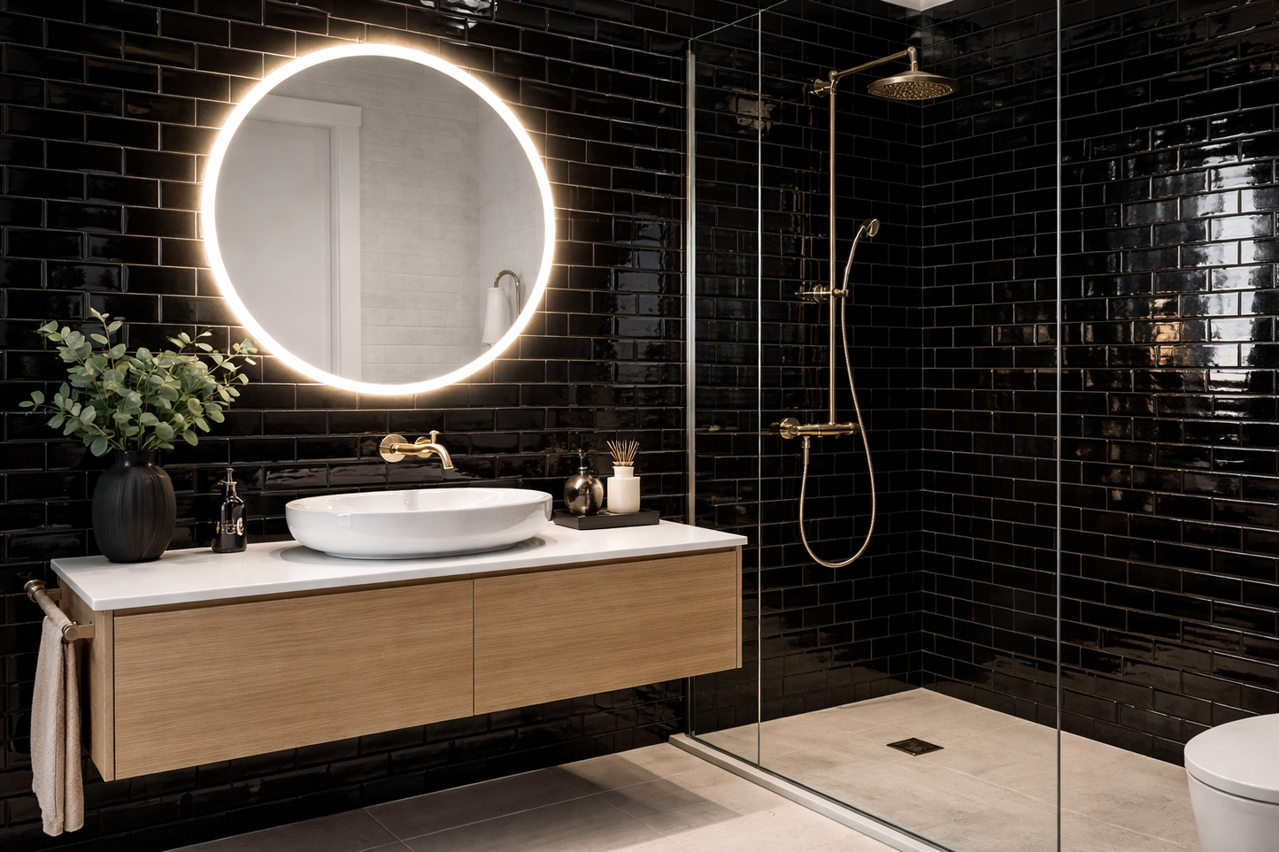gloss black 65×265 tile used in bathroom