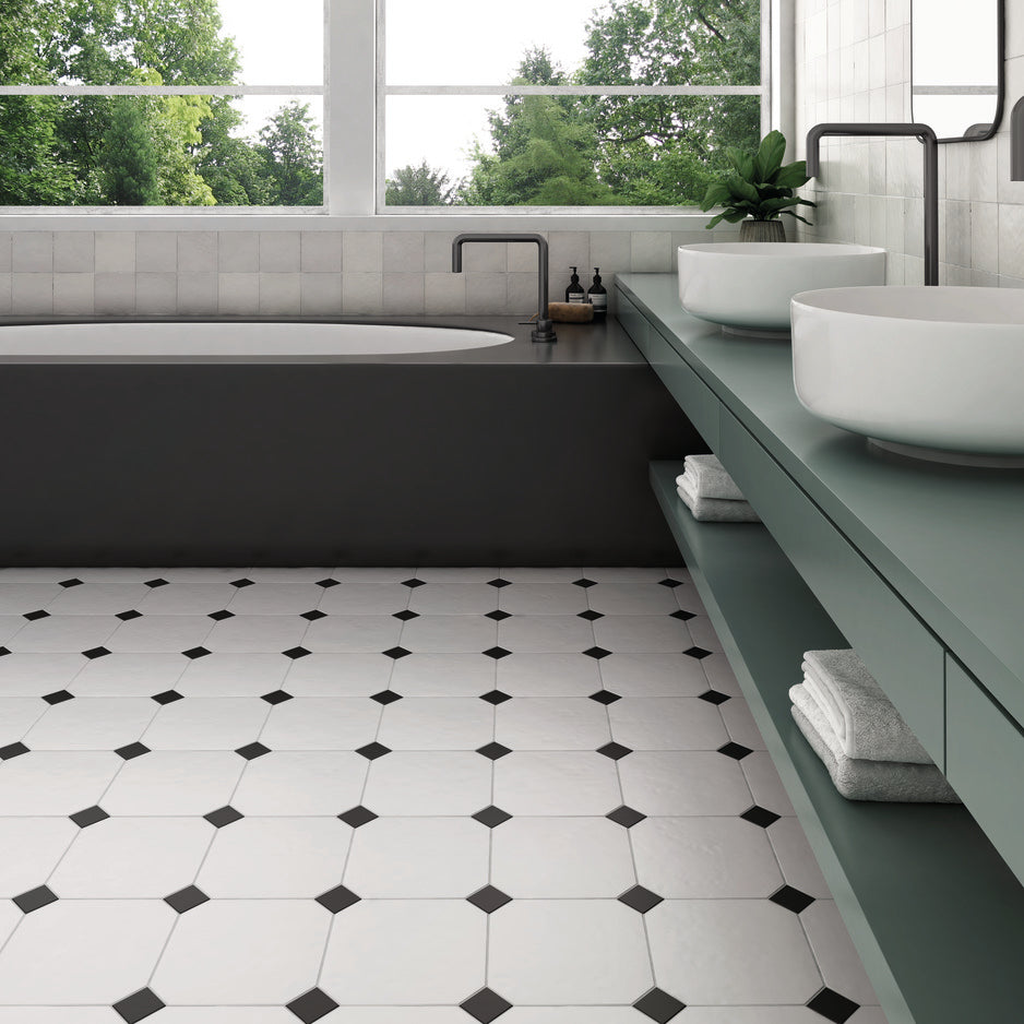 octagon white and black tiles used in bathroom