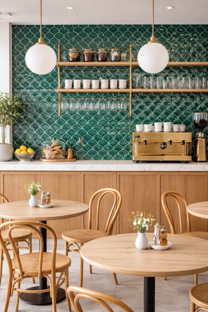 gloss pine green fan mosaics used one restaurant wall