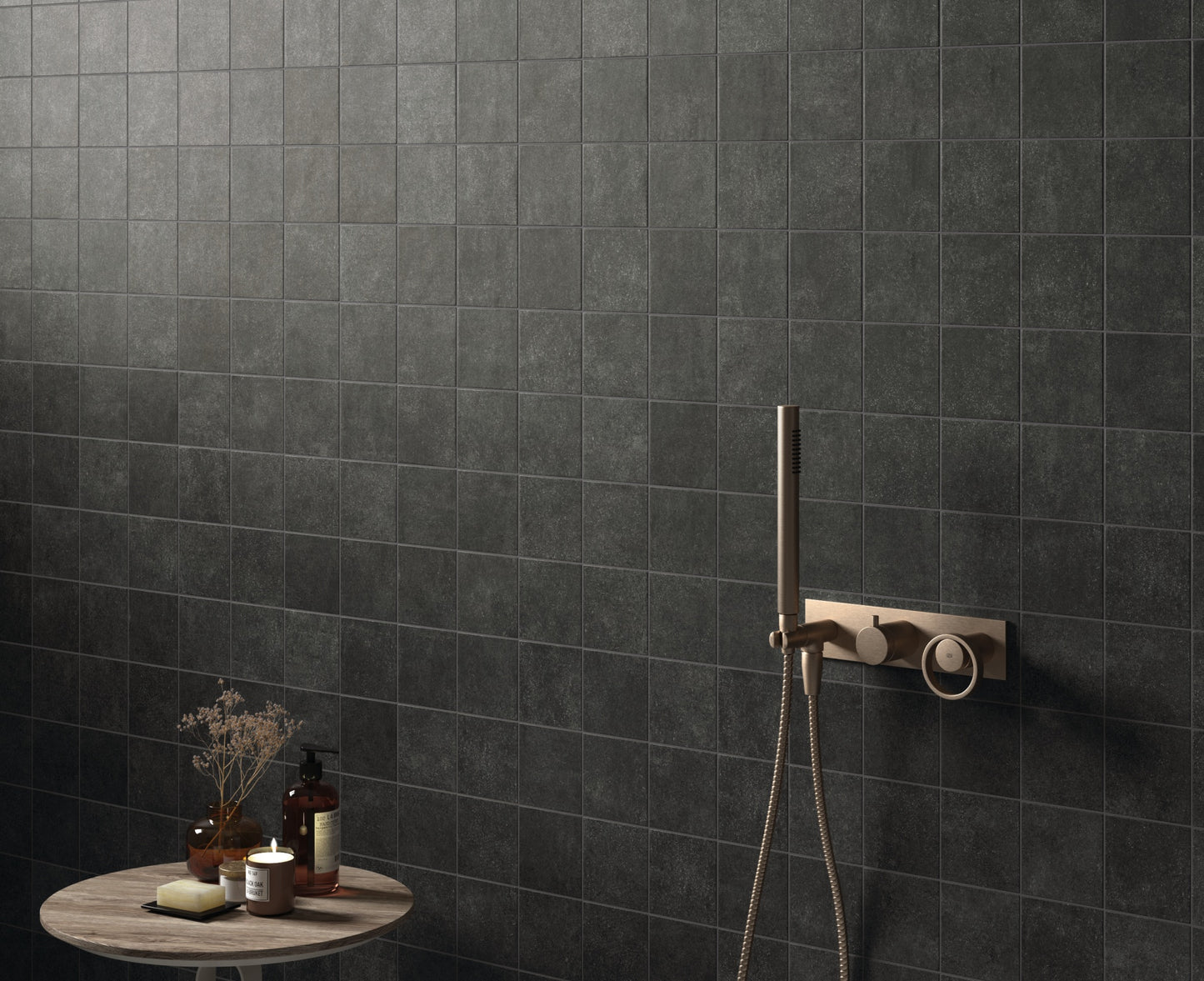 small black 100x100 matt tile on bathroom wall