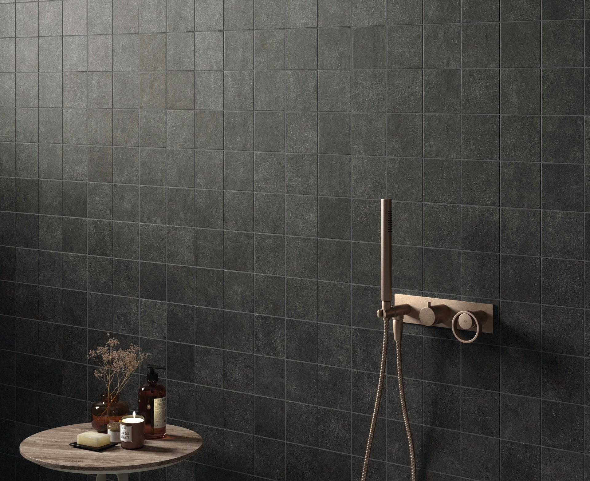 small black 100x100 matt tile on bathroom wall