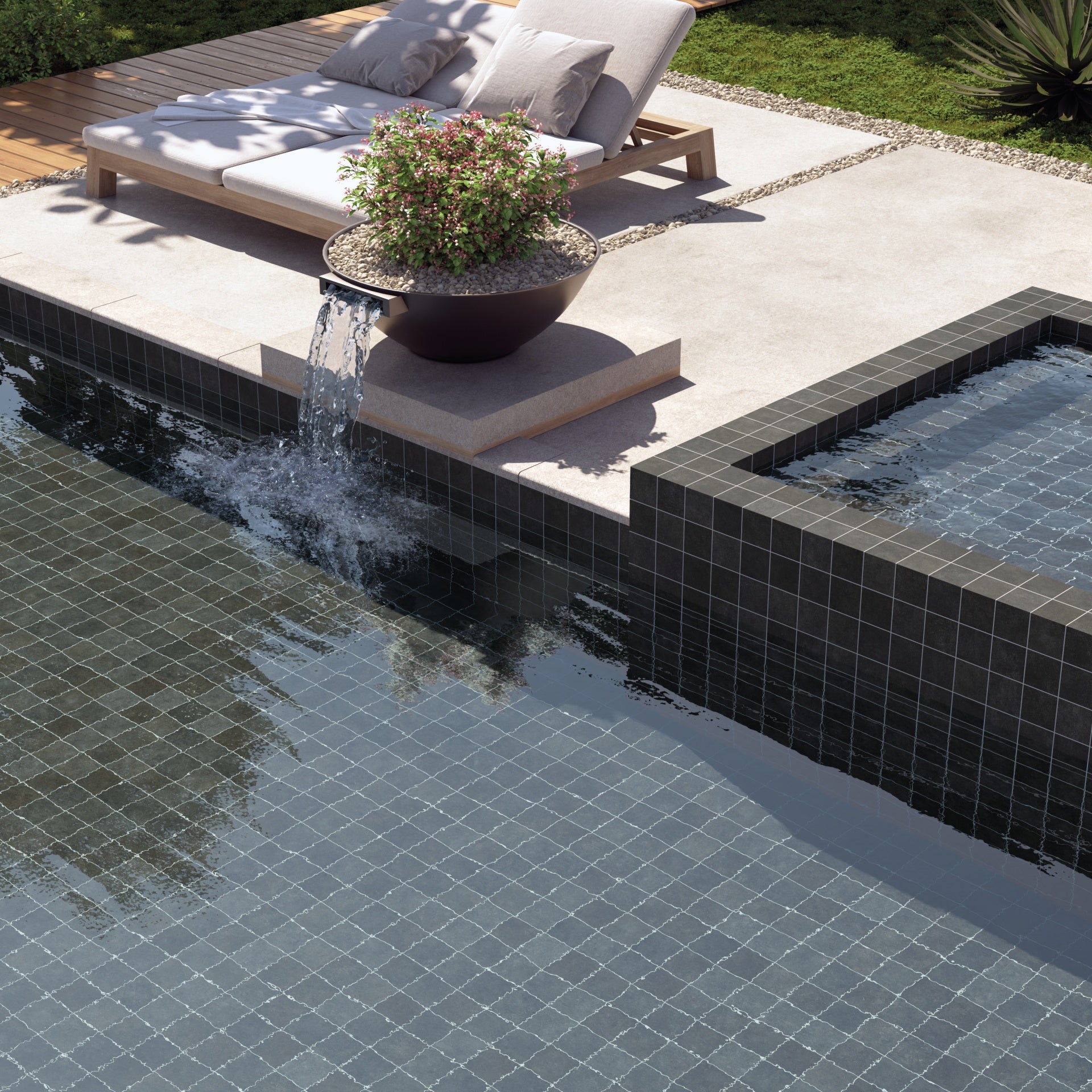 black 100x100 square pool tiles in matt