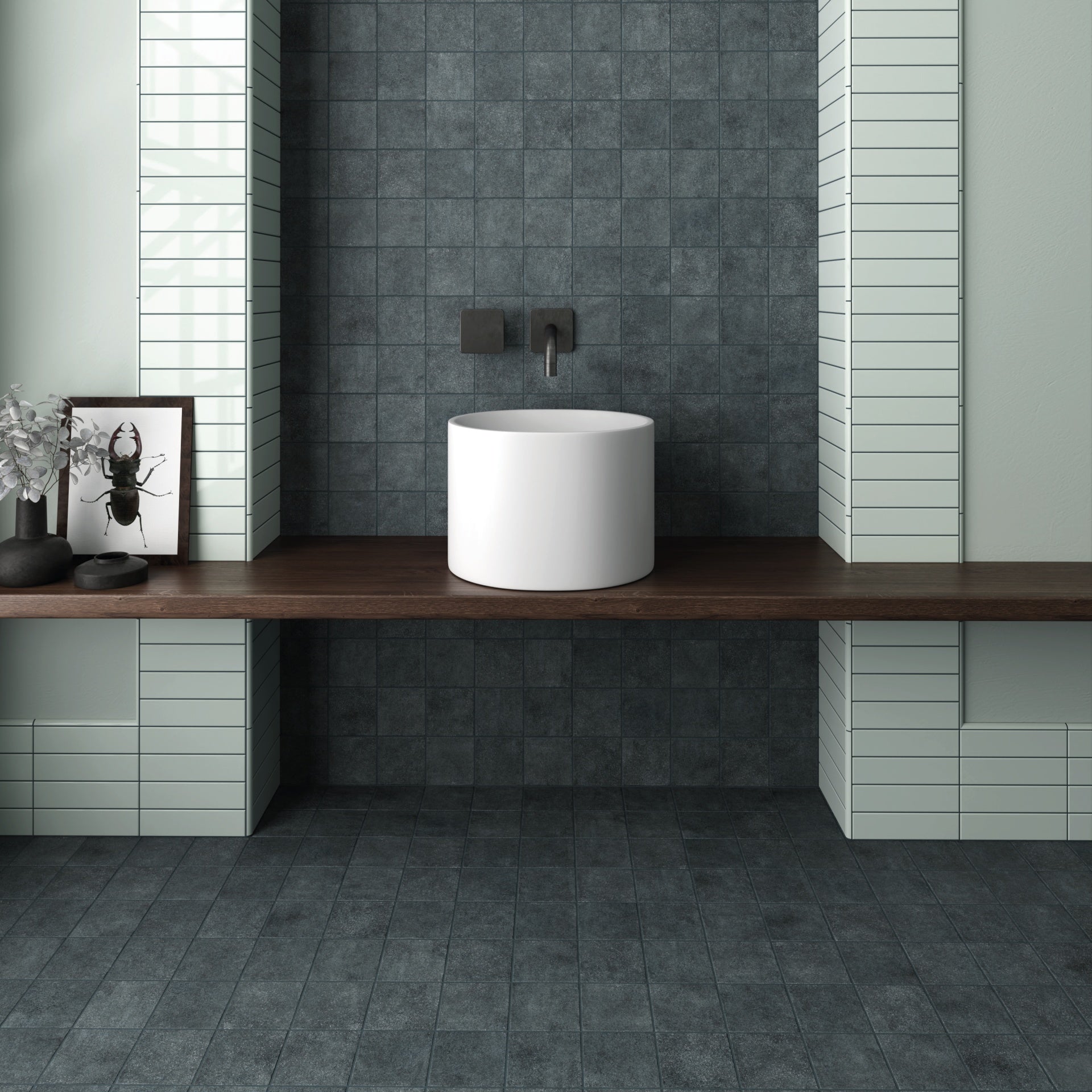 100x100 small denim blue tile in bathroom