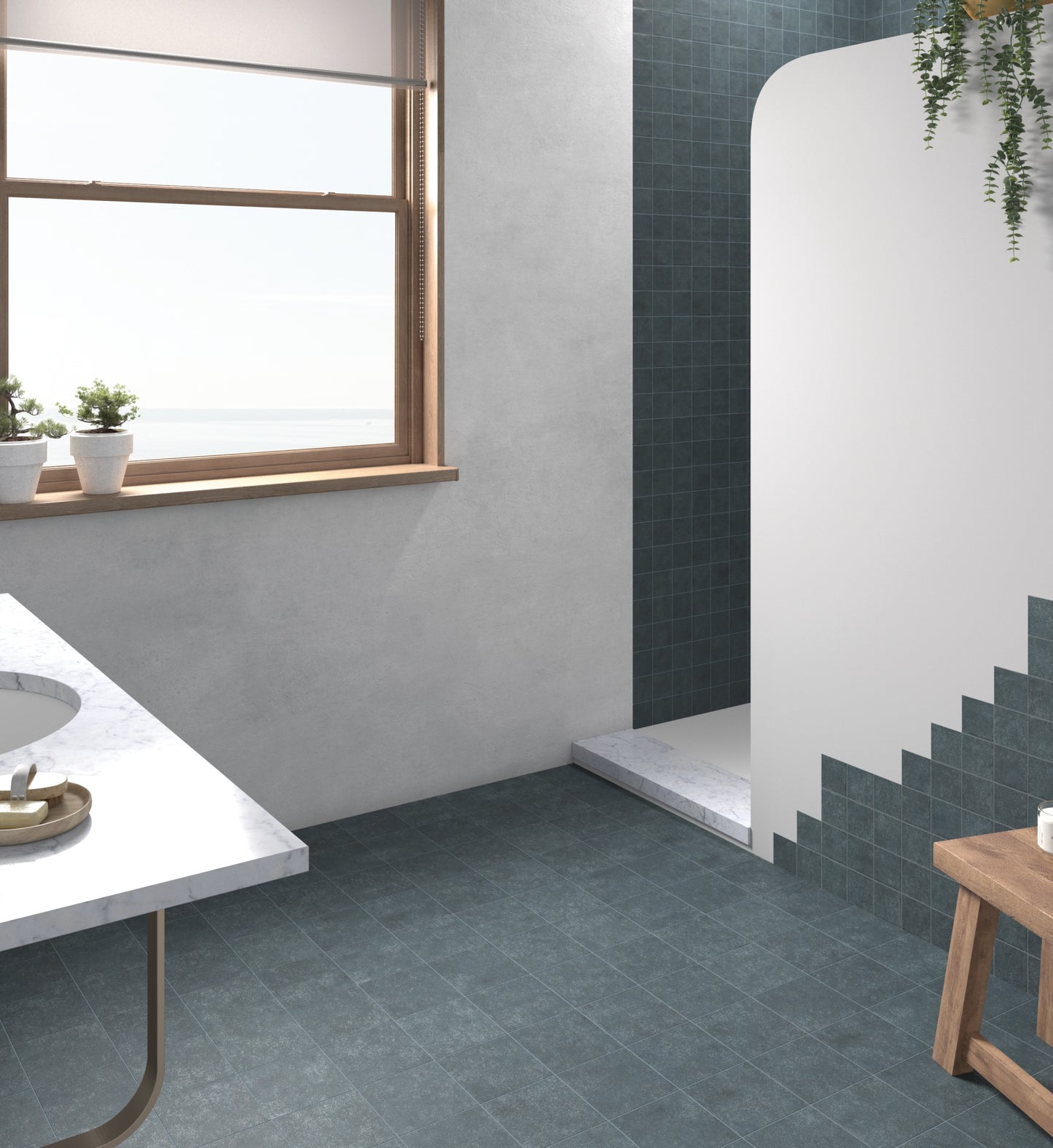 100x100 square blue tile in bathroom