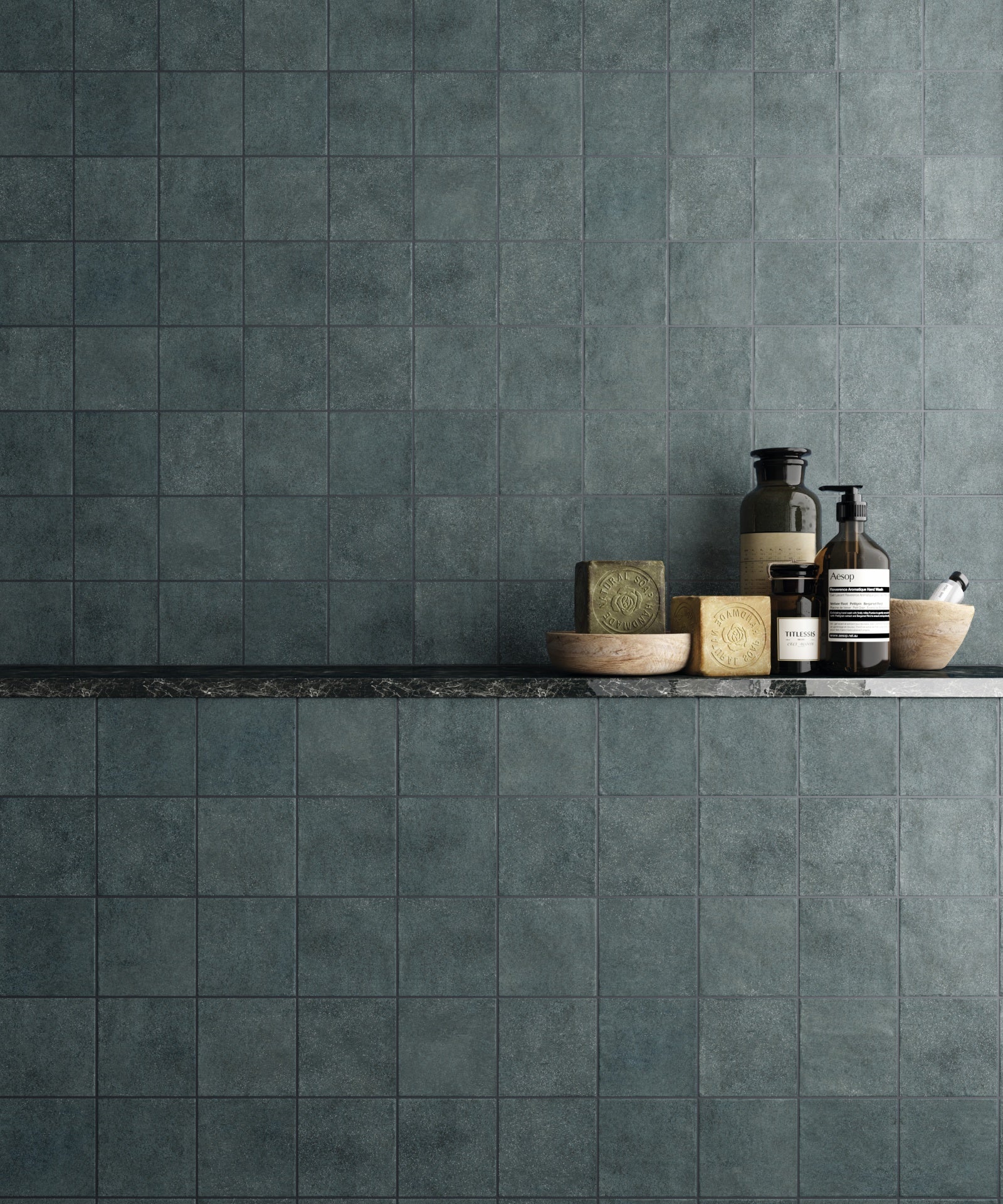 denim blue square tiles 100x100 used in bathroom