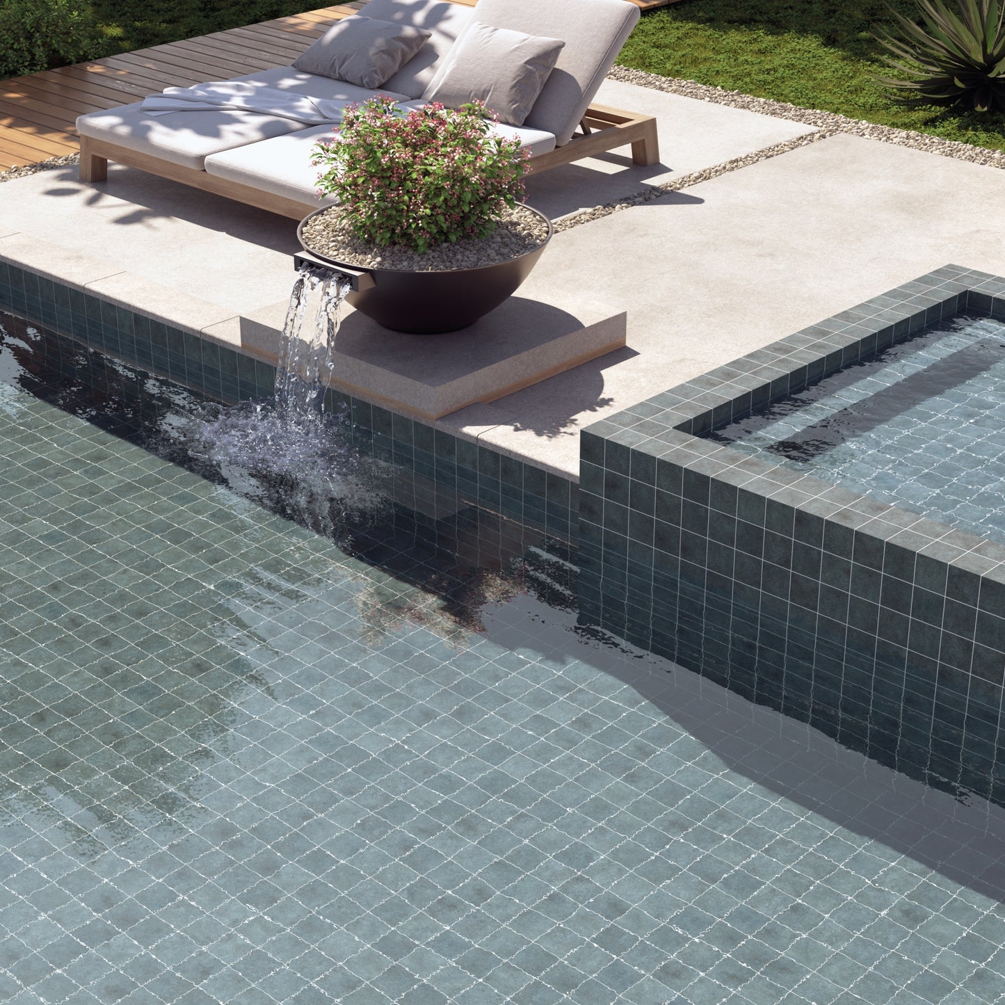 square denim blue tiles used in pool