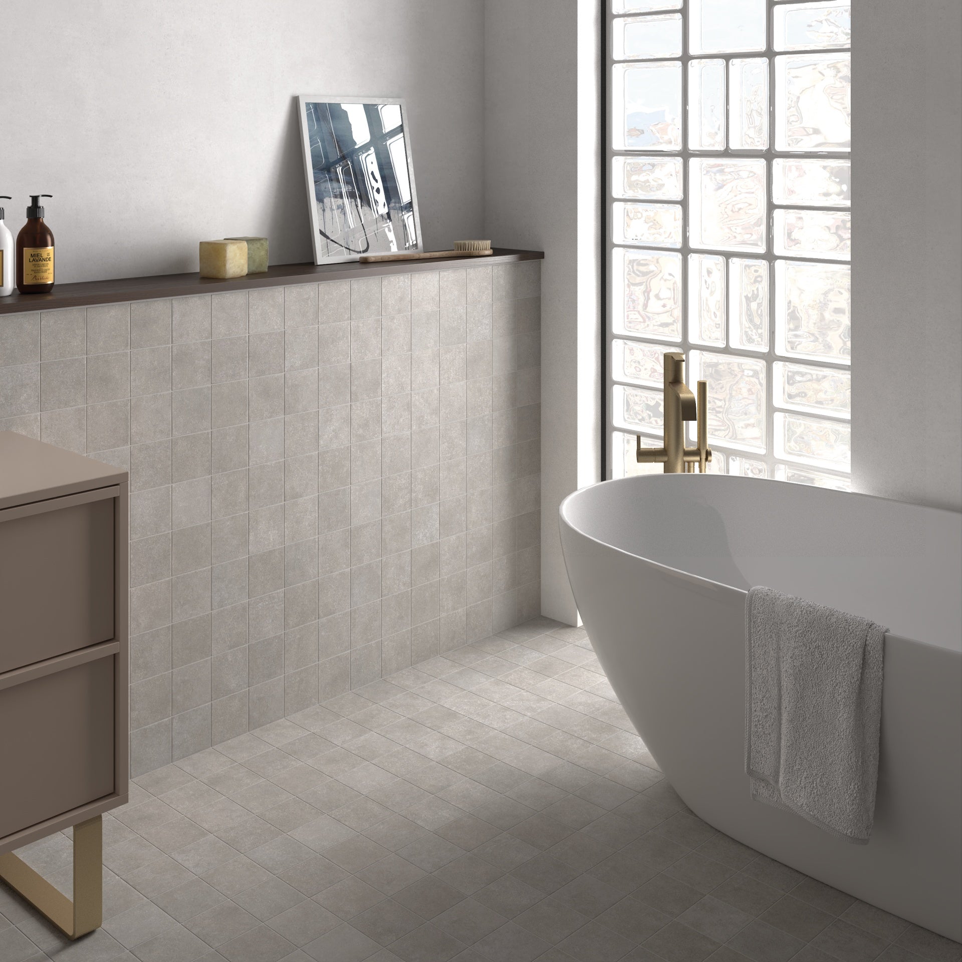 stage grey 100x100 square decor tiles used in bathroom