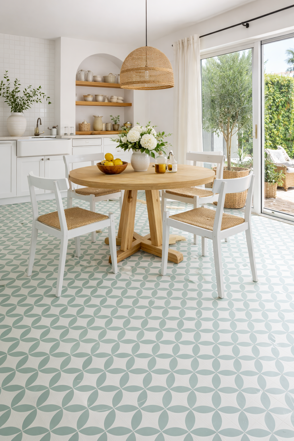 tokio verde patterned tile used on dining room floor