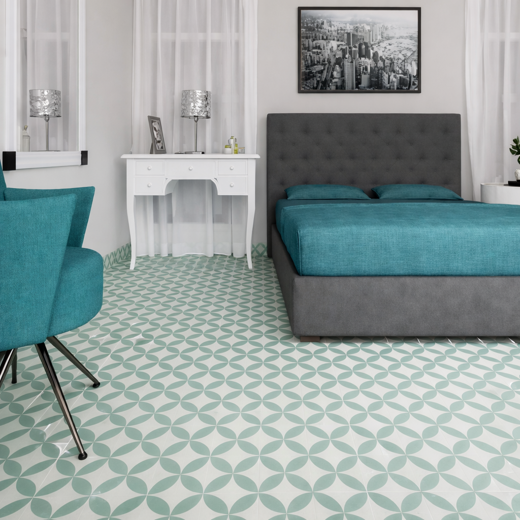 tokio verde patterned tile used on bedroom floor