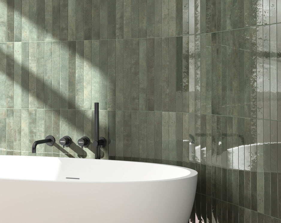 Verticale 50x400 green high gloss wall tile used in bathroom