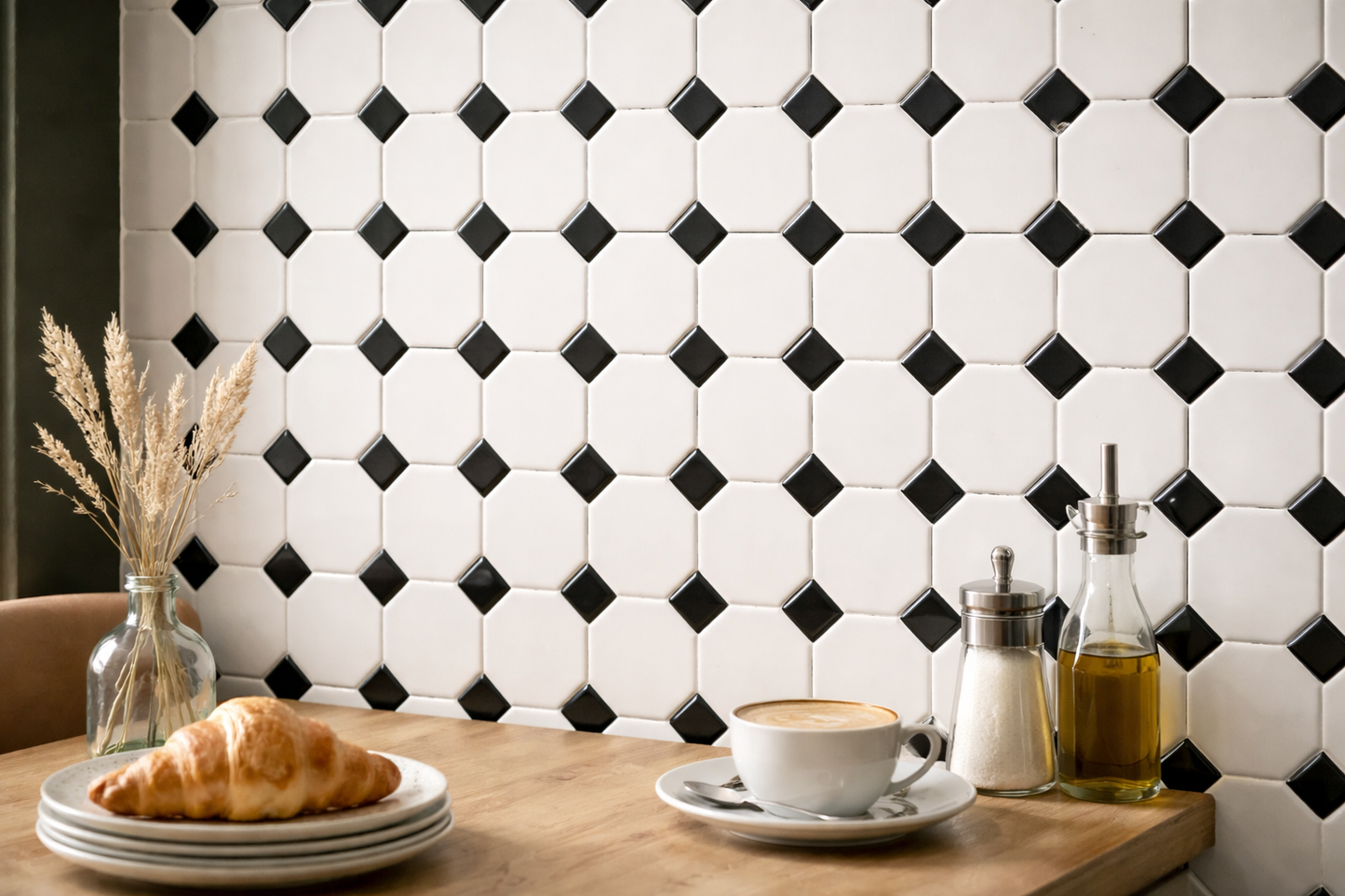 black and white Victorian wall and floor mosaics used in restaurant