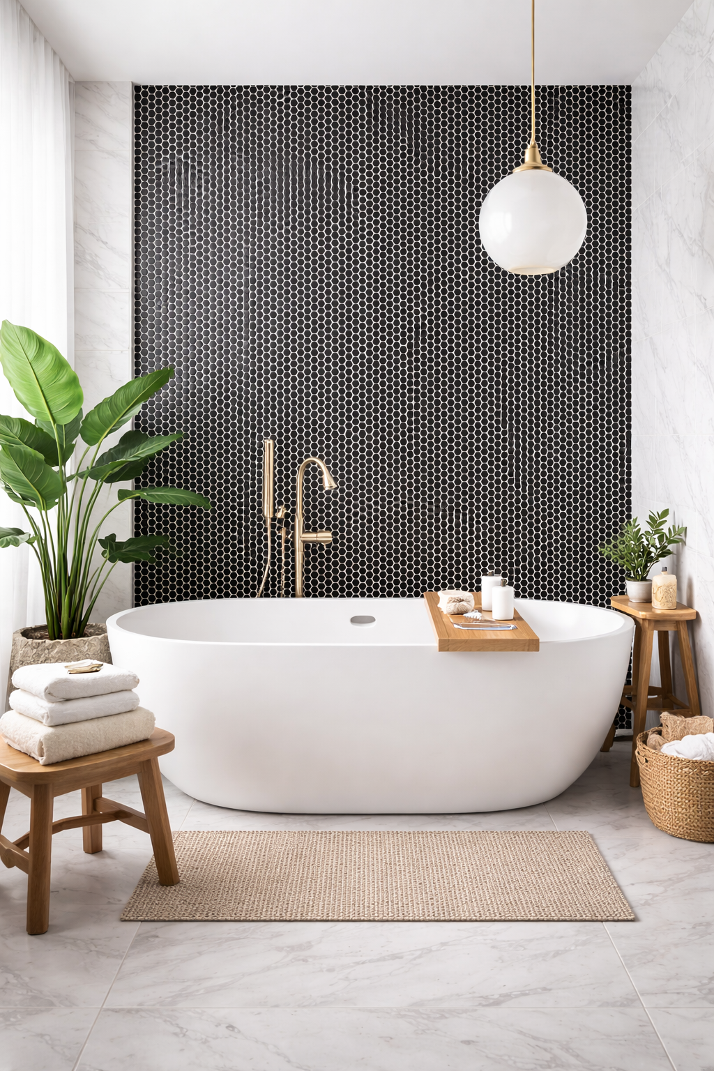 small black hexagon mosaics in luxury bathroom, tiled on bathroom wall