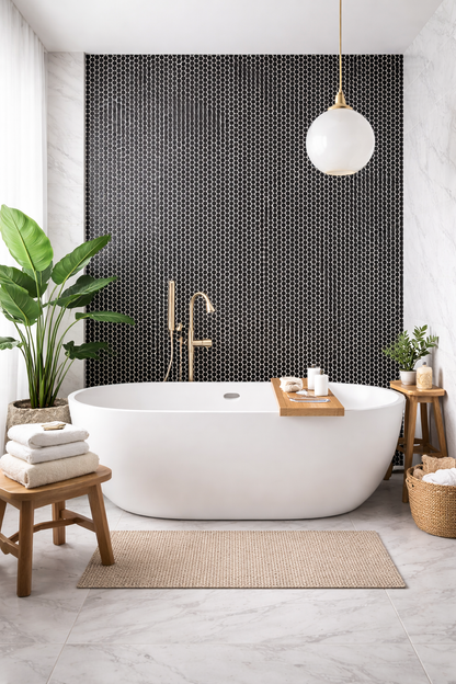 small black hexagon mosaics in luxury bathroom, tiled on bathroom wall