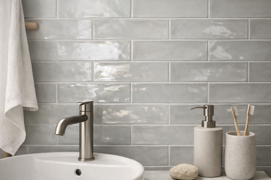 cascade 75x300 light grey gloss subway tile used in bathroom