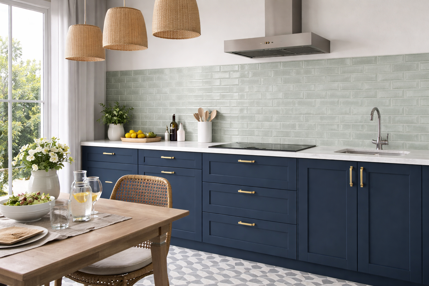 subway matt green tile used as kitchen backsplash