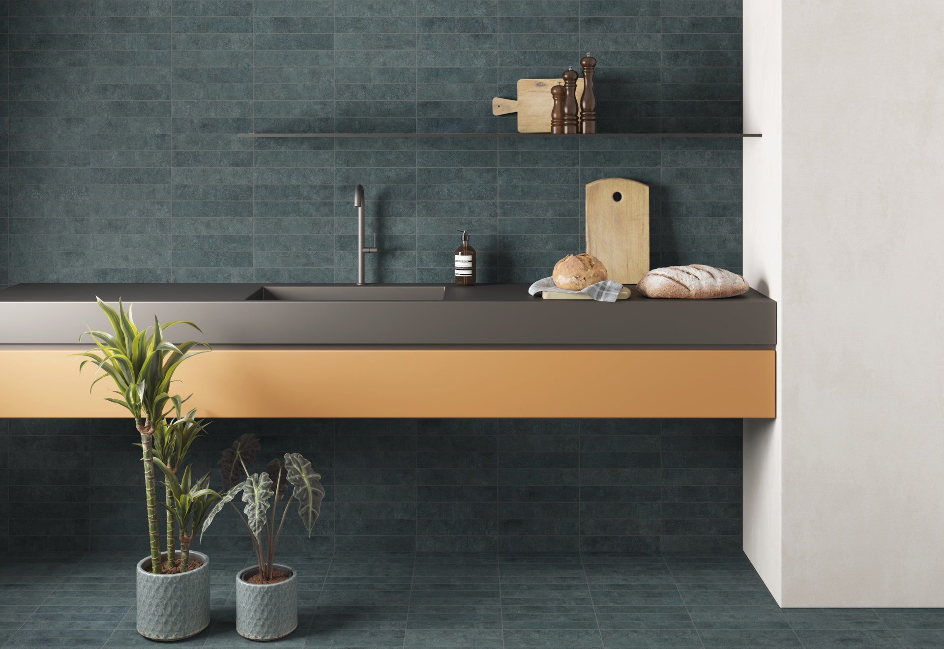 stage denim 65x300 matt blue tile used in kitchen