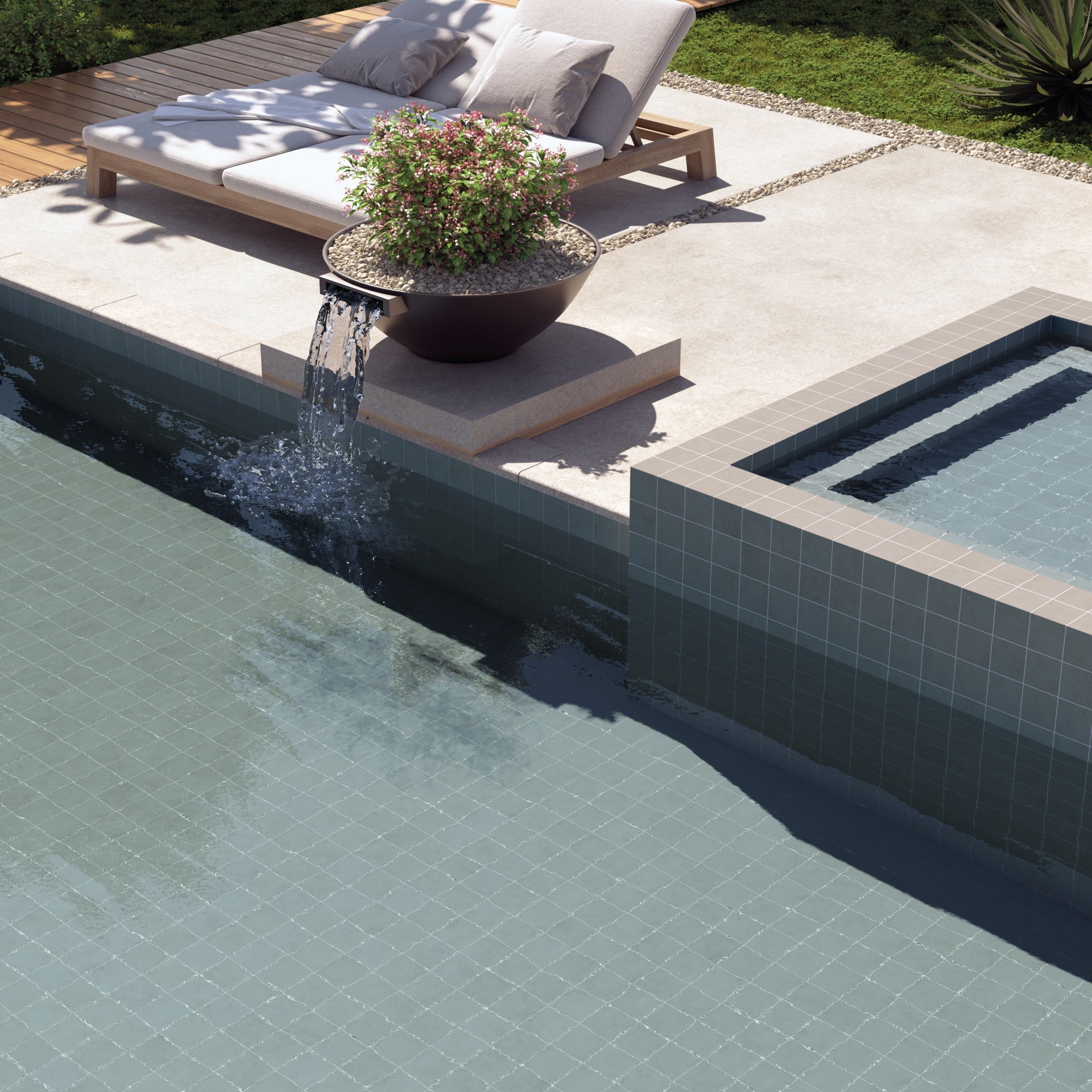 stage denim 100x100 tiles matt used in pool