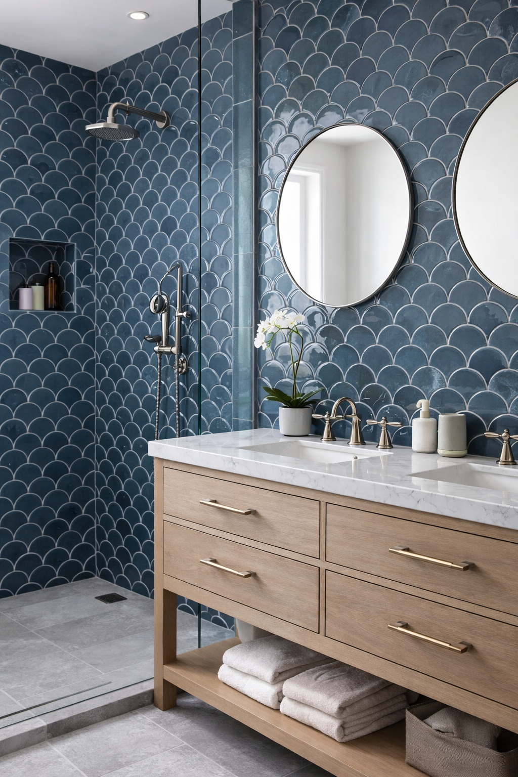 steel blue fans mermaid scale mosaic wall tile used in bathroom