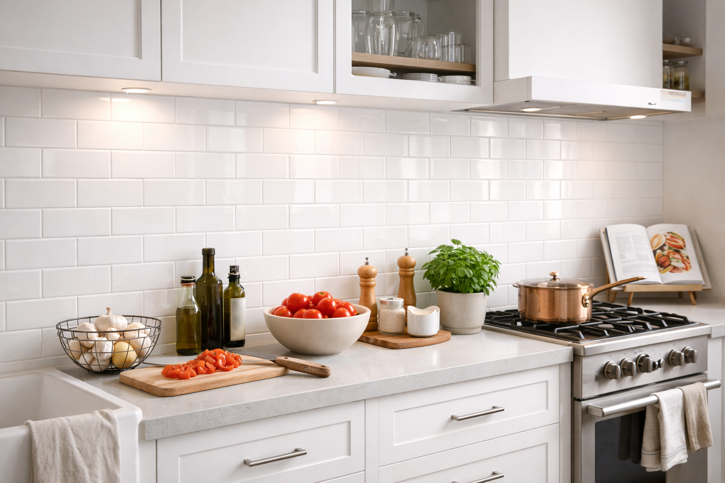 gloss white 65×265 tile used in kitchen as kitchen backsplash
