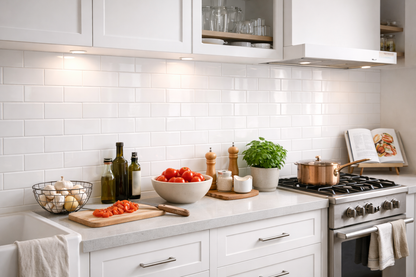 gloss white 65×265 tile used in kitchen as kitchen backsplash