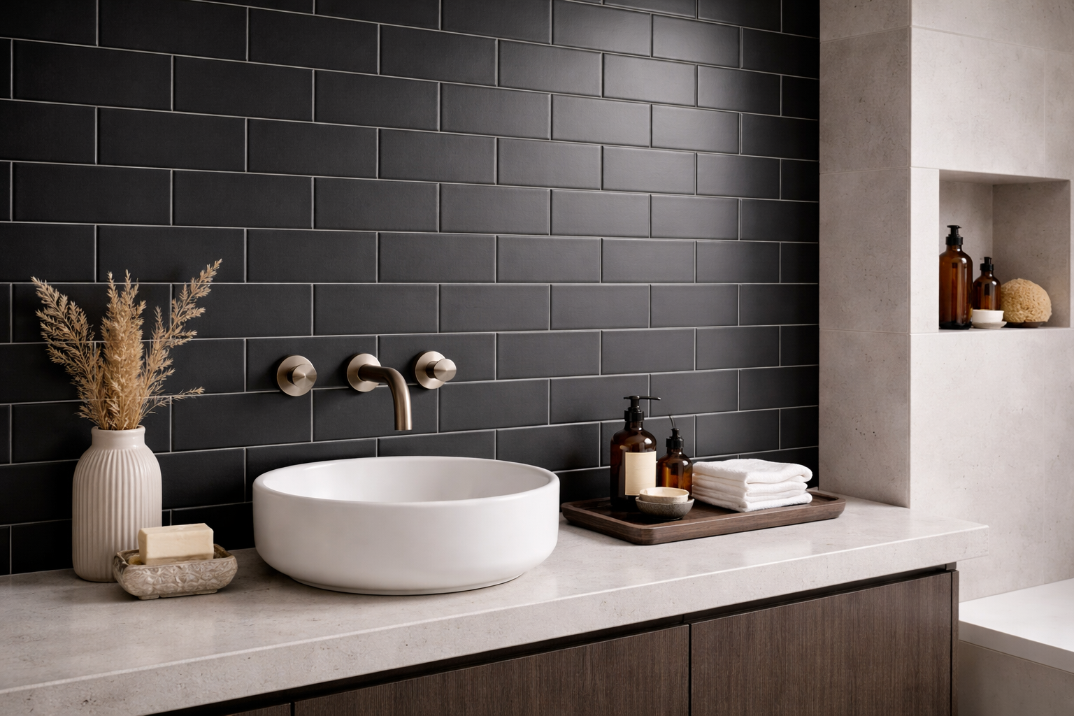 matt black 65×265 tile used in bathroom feature wall