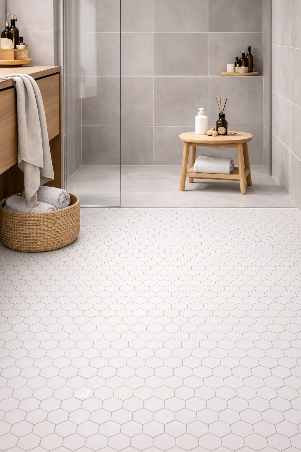 medium white hexagon mosaics on bathroom floor