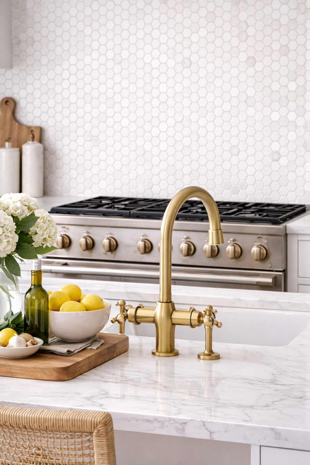 white small hexagon mosaic tile as kitchen backsplash