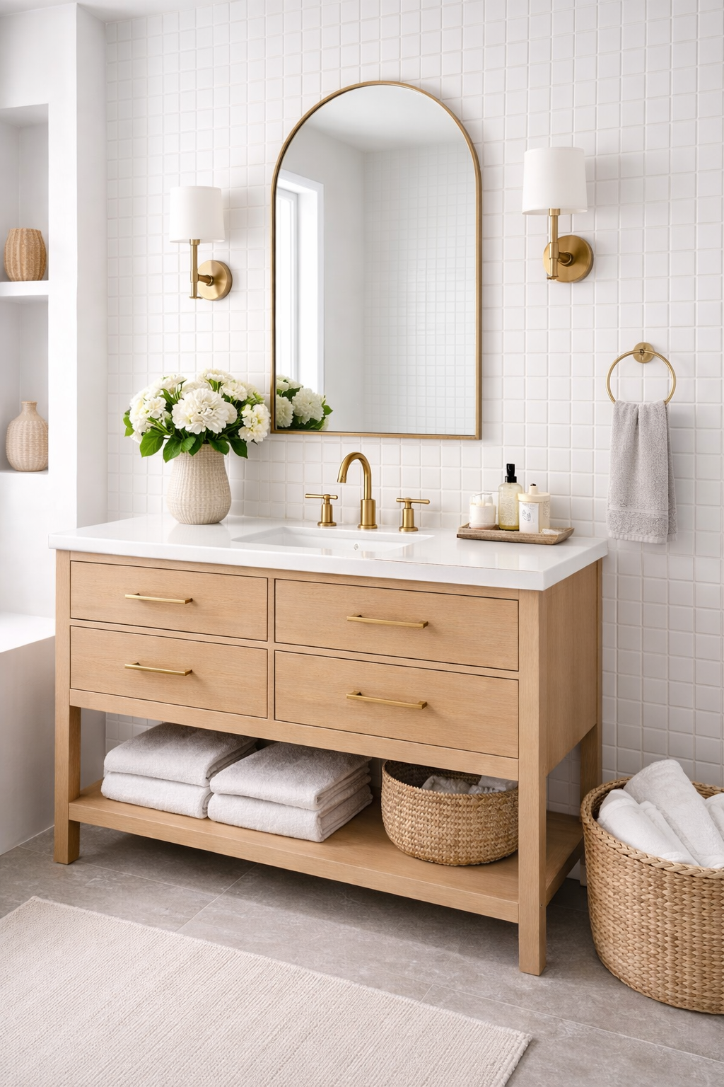 white small square matt mosaic tile on bathroom wall