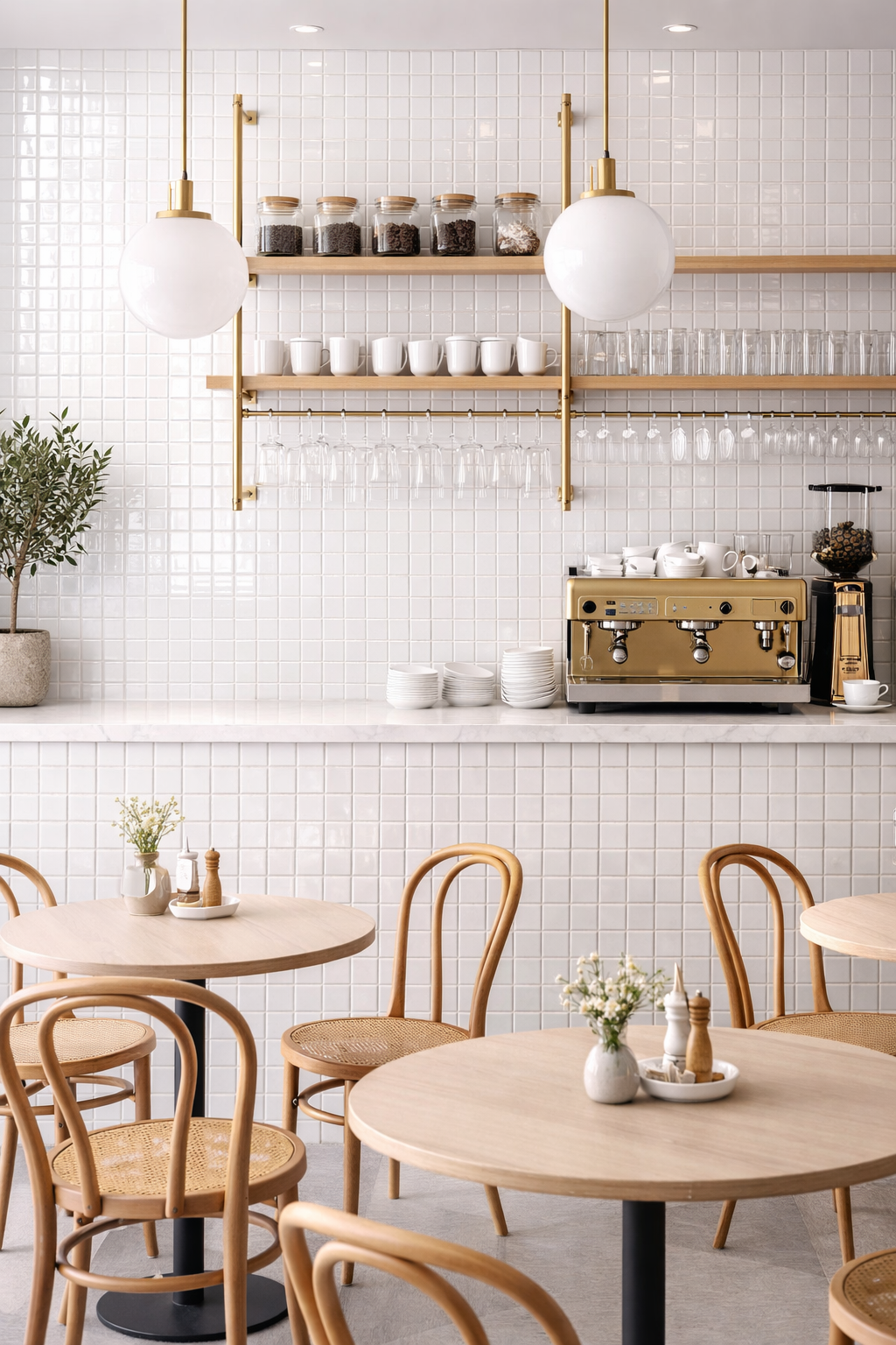 white small gloss mosaics use on wall and counter in modern cafe restuaurant